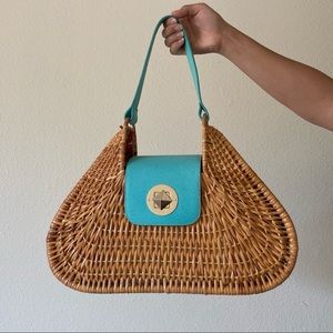 Kate Spade Vintage Turquoise Large Tan Wicker Satchel